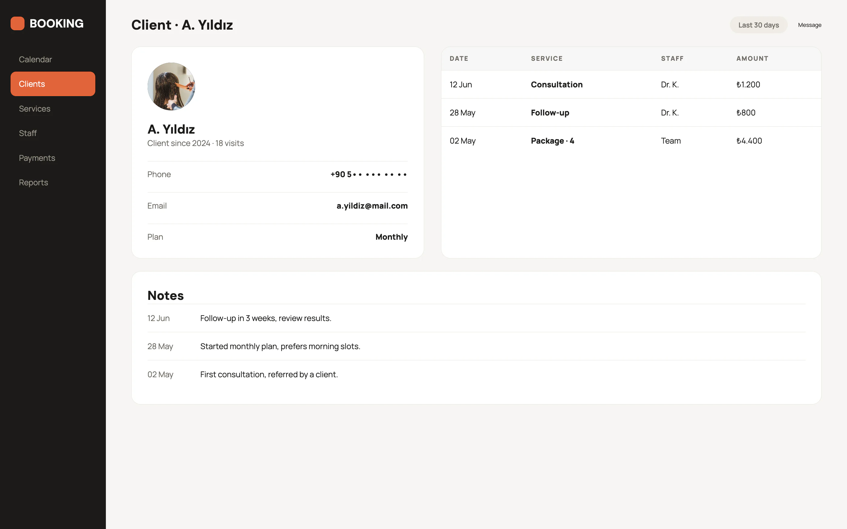 Booking & Client Dashboard
